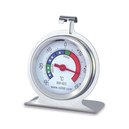Un thermomètre en acier inoxydable Thermometre.fr sur fond blanc.