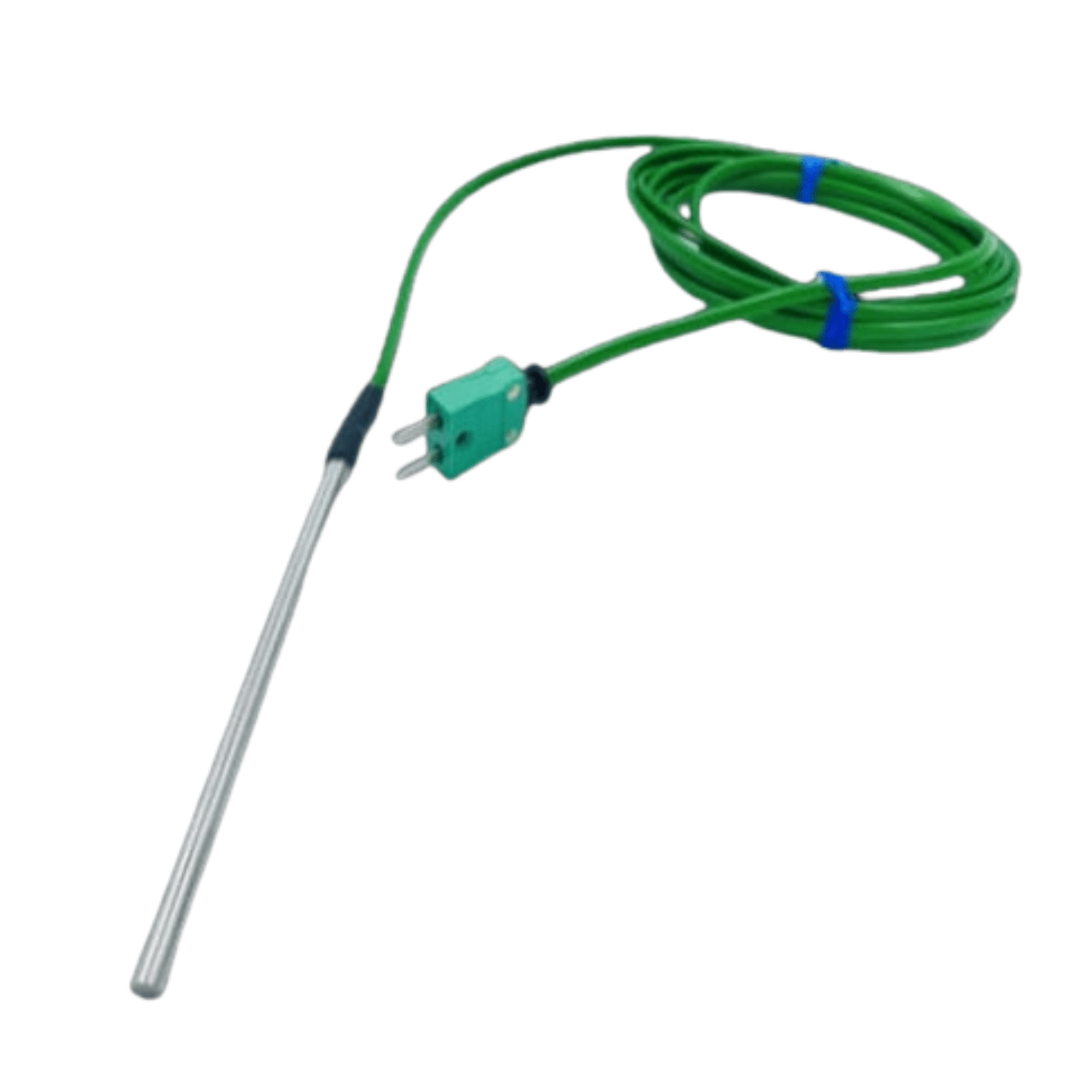 Un thermomètre Thermomètre.fr vert avec une sonde filaire fixée pour les applications industrielles.