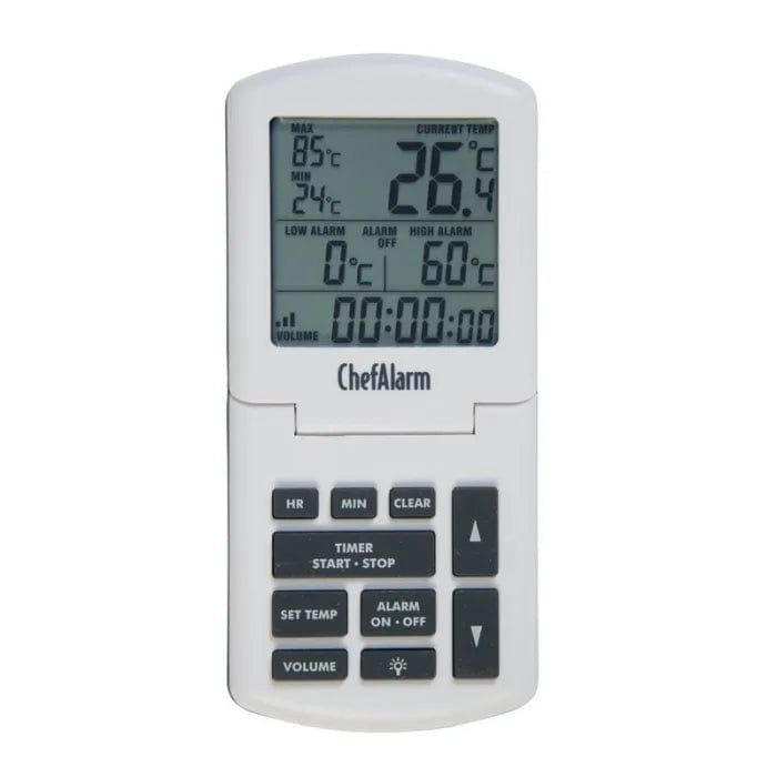 Un Thermomètre ChefAlarm de Thermomètre.fr sur fond blanc, utilisé pour mesurer la cuisson et la température.