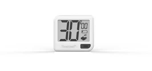 Un thermomètre blanc Minuterie numérique Timewash de Thermometre.fr sur fond blanc.