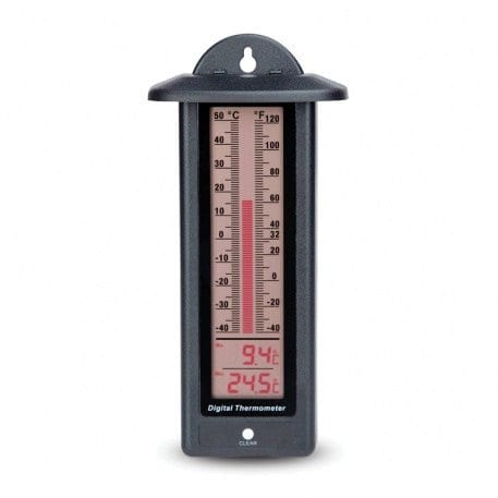 un thermomètre numérique Max Min Thermometre.fr noir avec graphique à barres LCD sur fond blanc.